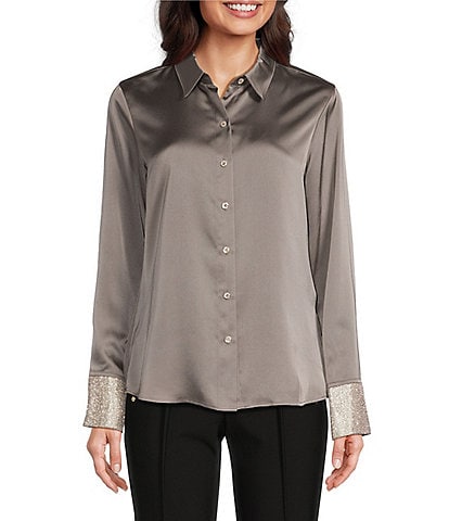 KARL LAGERFELD PARIS Woven Rhinestone Cuff Point Collar Button Down Top