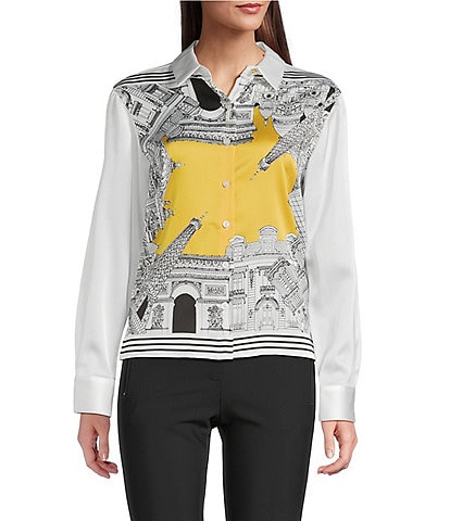 KARL LAGERFELD PARIS Woven Satin Printed Point Collar Long Sleeve Button Down Blouse