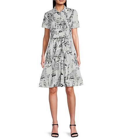 KARL LAGERFELD PARIS Woven Sketch Pattern Point Collar 3/4 Sleeve Belted Shirt Dress
