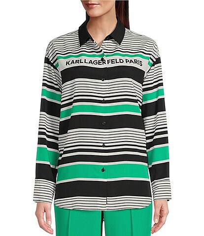 KARL LAGERFELD PARIS Woven Striped Print Logo Point Collar Long Sleeve Oversized Button Front Shirt