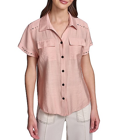 KARL LAGERFELD PARIS Woven Subtle Slub Spread Collar Short Sleeve Front Button Shirt