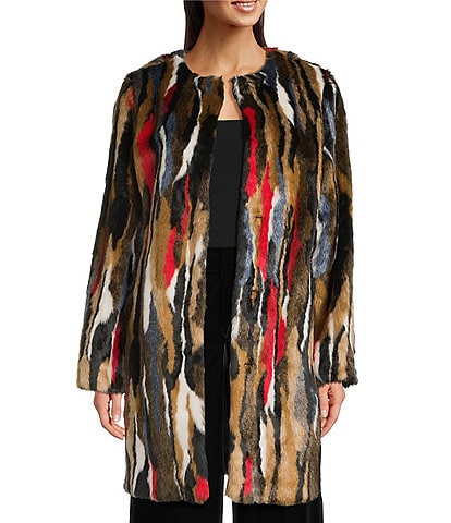KARL LAGERFELD PARIS Zebra Pattern Faux Fur Collarless Hook Front Single Breasted Coat