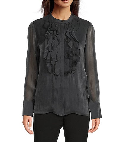 KARL LAGERFIELD PARIS Organza Collared Long Sleeve Ruffle Front Blouse