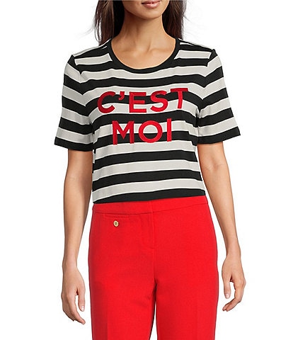 KARL LAGERFELD PARIS Stretch Knit Stripe Print Crew Neck Short Sleeves Tee