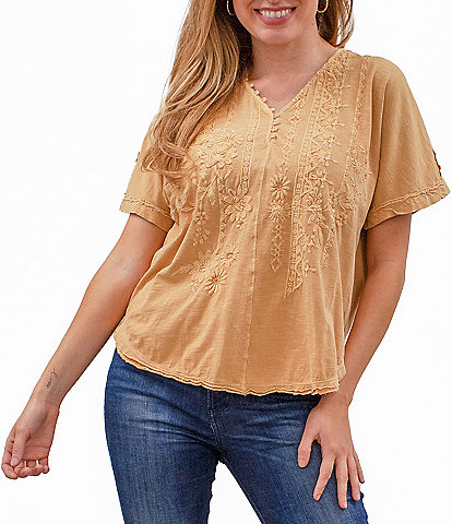 Dull gold floral brocade V neck collared blouse with criss cross back  detailing