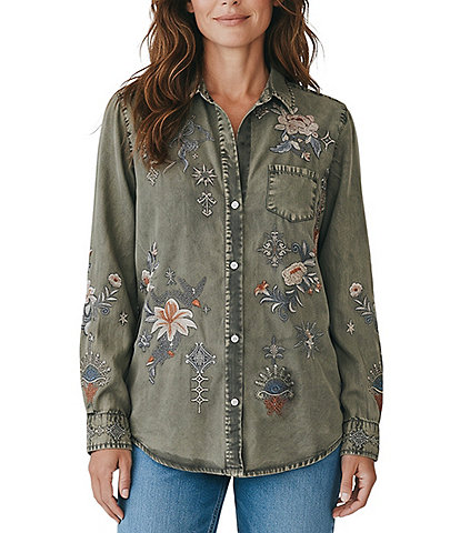 Karyn Seo Amara Woven Spread Collar Long Sleeve Button Down Shirt