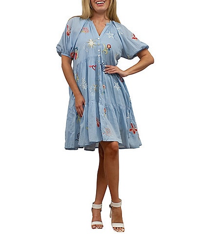 Karyn Seo Aryn V-Neck Short Sleeves Multicolor Embroidered Tiered Babydoll Dress