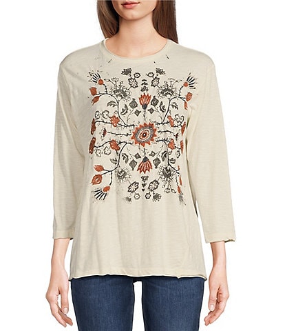 Karyn Seo Avi Embroidered Cotton Slub 3/4 Sleeve Top