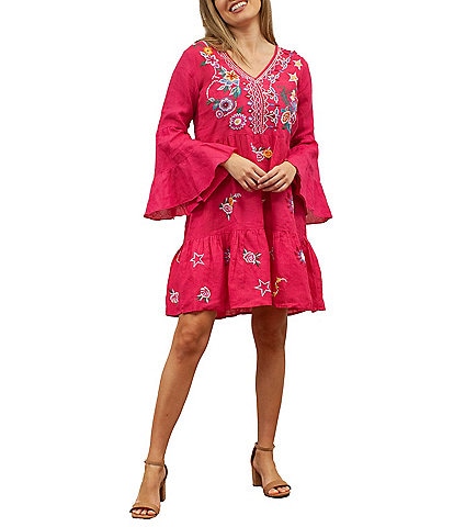 Karyn Seo Embroidered V-Neck Long Bell Sleeve Tiered Dress