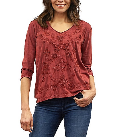 Karyn Seo Enya Embroidered V-Neck 3/4 Sleeve Top