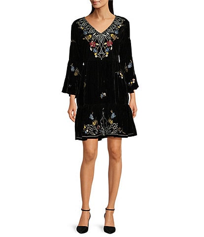 Karyn Seo Frida Embroidered Velvet V-Neck Long Sleeve Peasant Dress