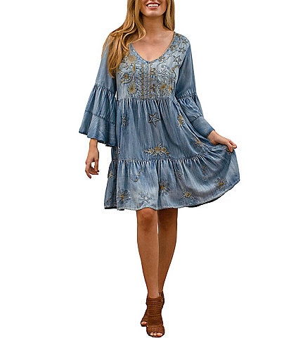 Karyn Seo Hilda Woven V-Neck Bell Sleeve Embroidered Tiered Dress