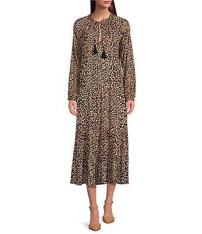 Karyn Seo Jocelyn Cheetah Print Crinkle Crepe V-Neck Long Sleeve Tassel Ties Tiered Hem Dress