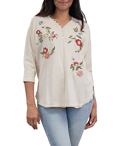 Karyn Seo Knit Embroidered 3/4 Sleeve Blouse