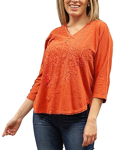 Karyn Seo Knit Lanna Embroidered 3/4 Sleeve V-Neck Top