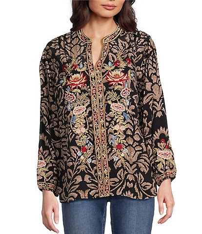 Karyn Seo Maria Damask Print Floral Embroidered Split V-Neck Long Sleeve Blouse