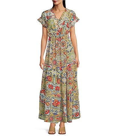 Karyn Seo Printed Floral and Geometric V Neckline Short Sleeve Maxi Dress