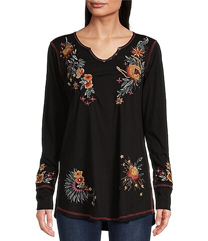 Karyn Seo Riley Embroidered Floral Print Notch V-Neck Long Sleeve Contrast Trim Henley Knit Shirt