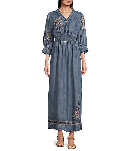 Karyn Seo Samara Embroidered Tencel V-Neck 3/4 Sleeve Maxi Dress