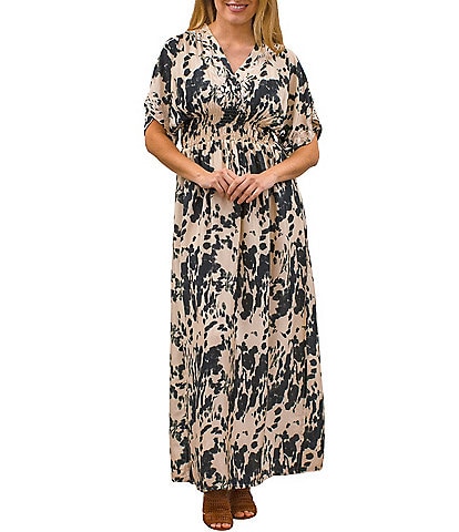 Karyn Seo Stella Woven Abstract Print V-Neck Short Sleeve Smocked Waist Maxi Dress
