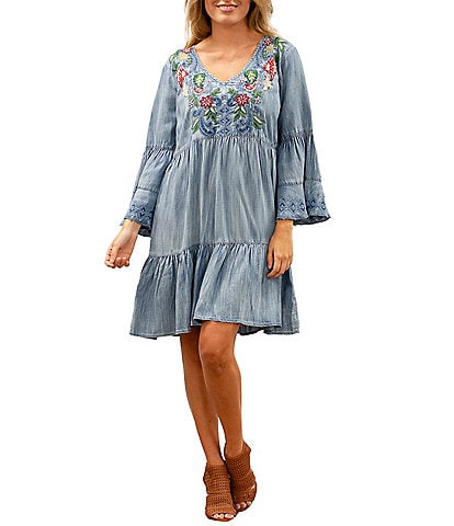 Karyn Seo Tencel Floral Embroidered Tiered V-Neck Bell Sleeve Zoe Dress