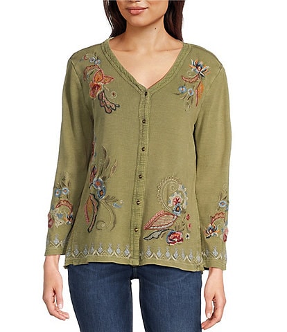 Karyn Seo Tove Embroidered Thermal V-Neck Long Sleeve Button Front Cardigan Top