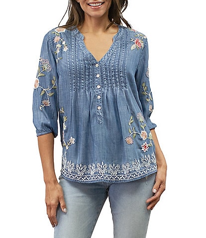 Karyn Seo Tyra Embroidered Chambray V-Neck 3/4 Sleeve Blouse