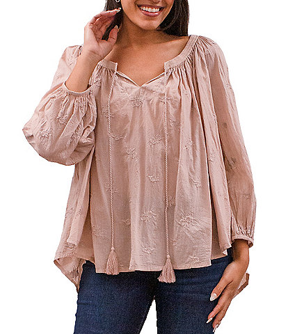 Karyn Seo Woven Eliza Bohemian Ruched Split V-Neck Long Sleeve Floral Embroidered Tie Front Blouse