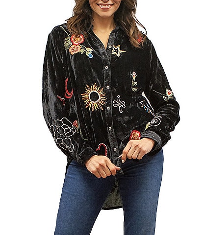 Karyn Seo Wrenley Embroidered Velvet Spread Collar Long Sleeve Scoop Hem Button Down Shirt