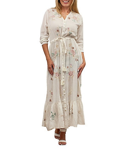 Karyn Seo Yael Cotton Floral V-Neck 3/4 Sleeve Button Front Maxi Shirt Dress