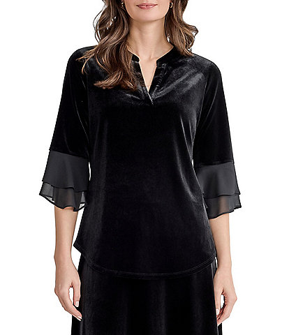 Kasper 3/4 Sleeve Split Neck Velvet Top
