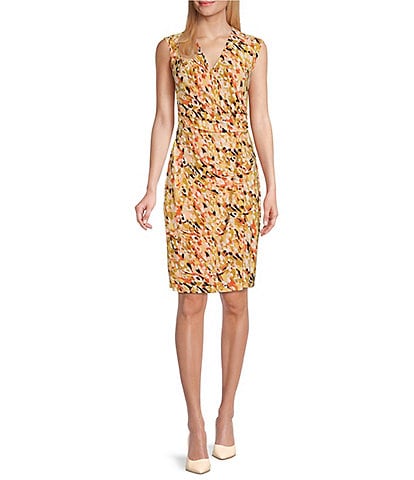 Kasper Abstract Printed Sleeveless Surplice V-Neck Faux Wrap Ruched Ring Pencil Dress