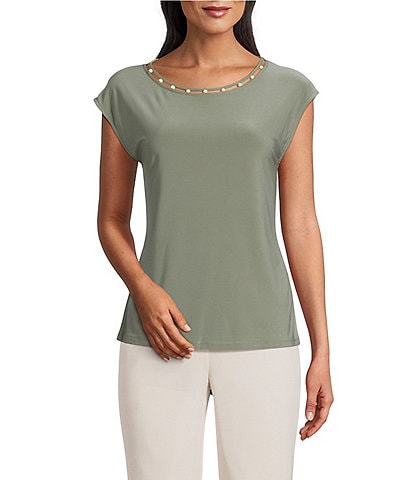 Kasper Beaded Round Neck Cap Sleeve Top