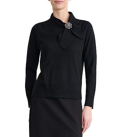 Kasper Brooch Tie Neck Sweater Top