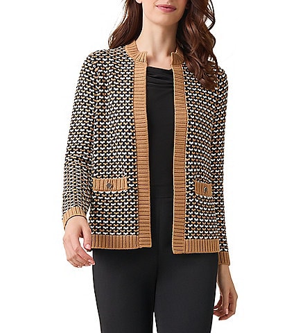 Kasper Contrast Framed Textured Round Neck Long Sleeve Cardigan