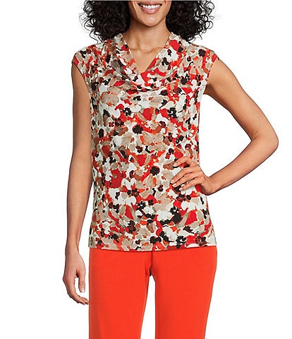 Kasper Cowl Neck Cap Sleeve Print Knit Top