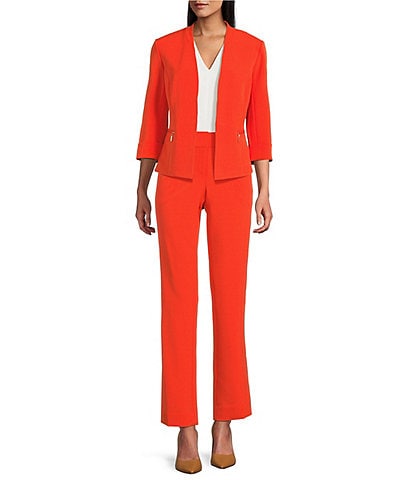 Kasper Crepe 3/4 Sleeve Zip Pocket Cardigan & Crepe Fly Front Slim Leg Pants