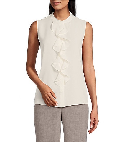 Kasper Crepe Band Neck Sleeveless Ruffle Blouse