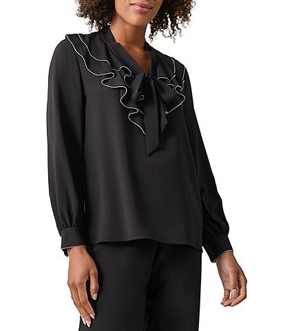 Kasper Crepe Beaded Ruffle-Front Bow-Tie V-Neck Long Cuff Sleeve Blouse