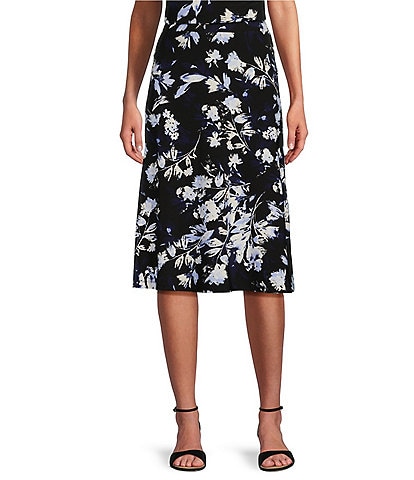 Kasper Crepe Floral Print Flare Hem Coordinating A-Line Midi Skirt