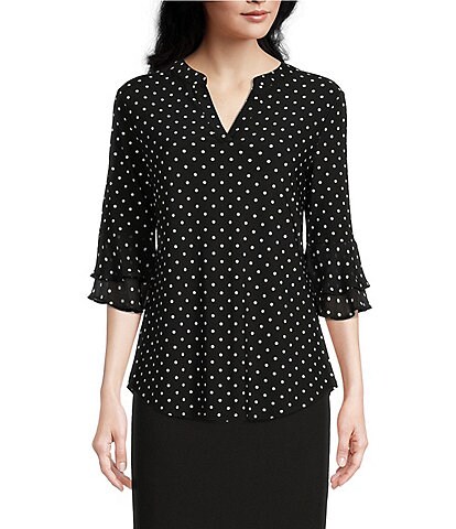 Kasper Dotted Print V-Neck 3/4 Tiered Ruffle Sleeve Blouse