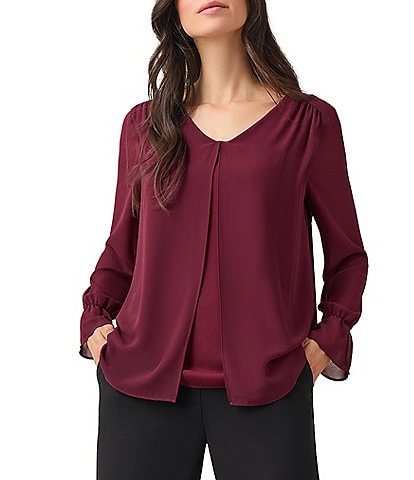 Kasper Double Layer V-Neck Bell Sleeve Blouse