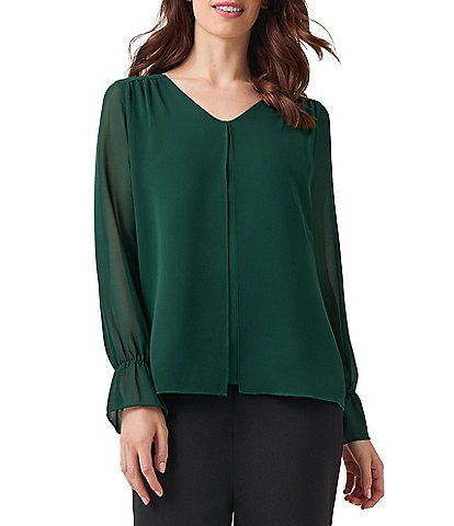 Kasper Double Layer V-Neck Bell Sleeve Blouse