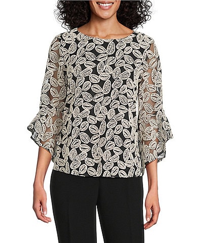 Kasper Embroidered Boat Neck 3/4 Ruffle Sleeve Blouse