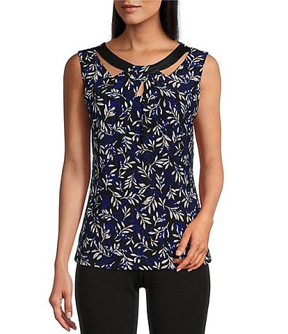 Kasper Feather Printed Sleeveless Keyhole Twist Crew Neck Top