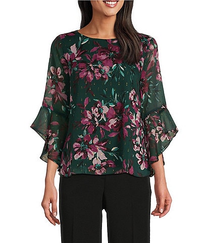 Kasper Floral 3/4 Ruffle Sleeve Blouse