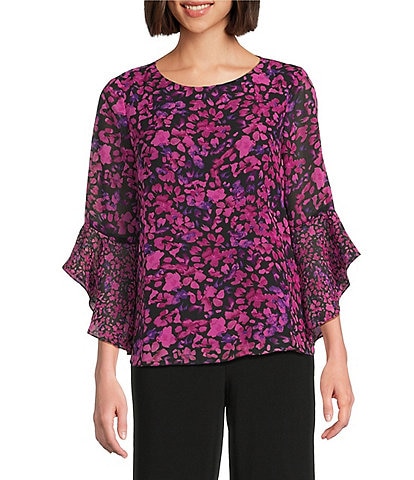 Kasper Floral Chiffon Boat Neck 3/4 Ruffle Sleeve Blouse