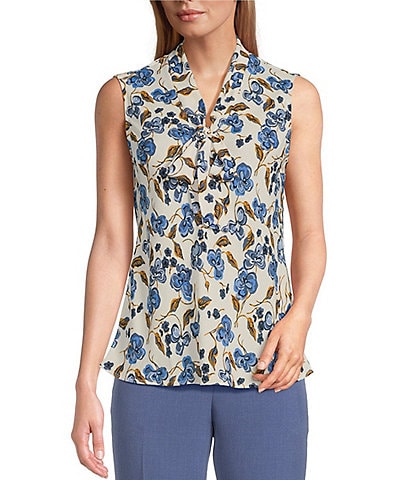 Kasper Floral Crepe Tie Front Neck Sleeveless Fitted Blouse