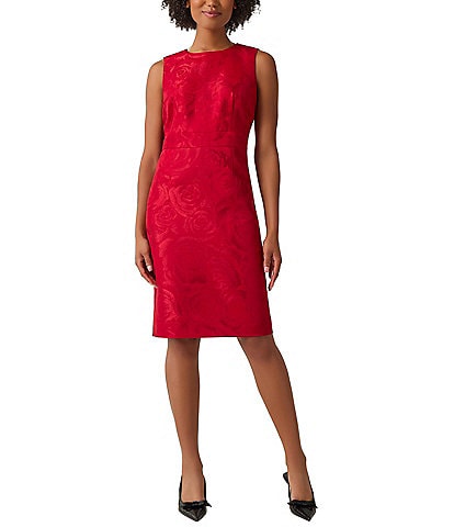 Kasper Floral Jacquard Crew Neck Sleeveless Sheath Dress