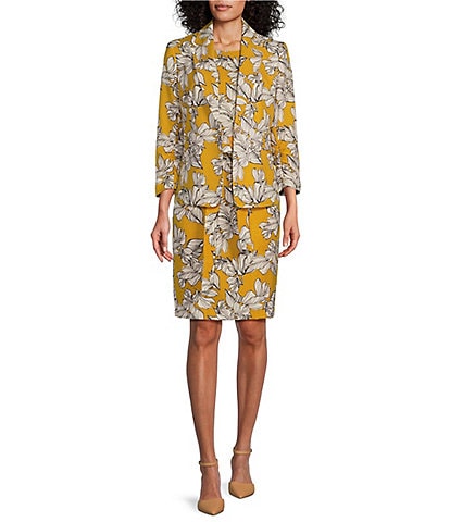 Kasper Floral Notch Collar Long Ruched Sleeve Blazer & Coordinating Crew Neckline Cap Sleeve Zip Pocket Belted Sheath Dress